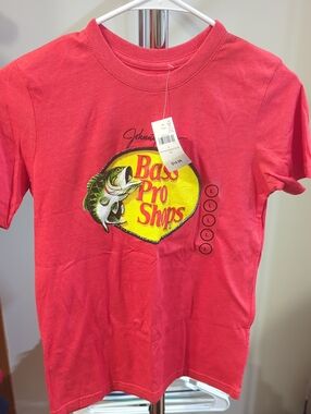 Bass Pro Shops Red Tee with Yellow Logo and Fish Graphic
